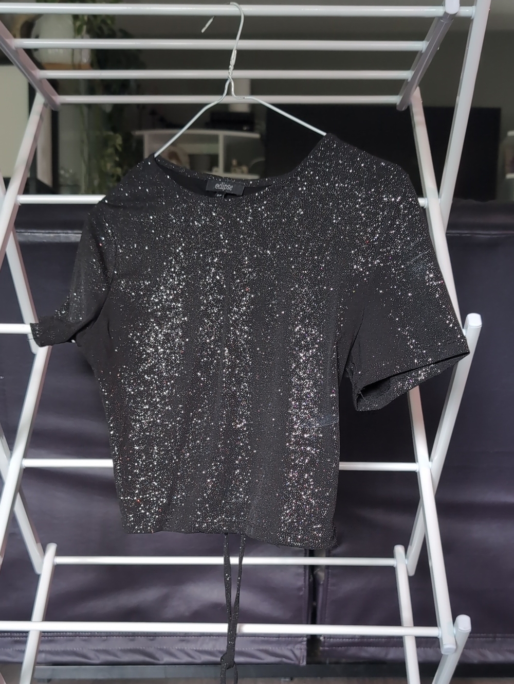 Black Glitter Short-Sleeve Cropped Top